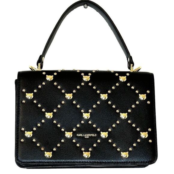 Karl Lagerfeld Paris Simone Gold Cat Studded Leather Crossbody Purse Handbag Bla - Picture 3 of 11